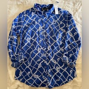 NWT- New York & Company Nautical Blue and White Button Down-Size Medium